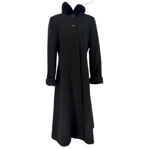 Worthington Pea Coat 100% Wool Rabbit Fur Trim Hood 12 Old Money Quiet Luxury